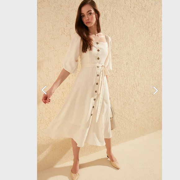 Organic Ecru Belted Buttoned Maxi Dress - Picture 7 of 10